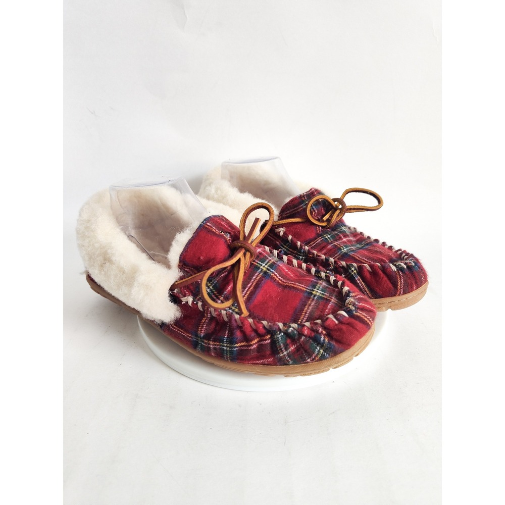LL Bean Moccasin Slippers 8 Wicked Good Genuine Shearling Lamb Fur Plaid Flannel